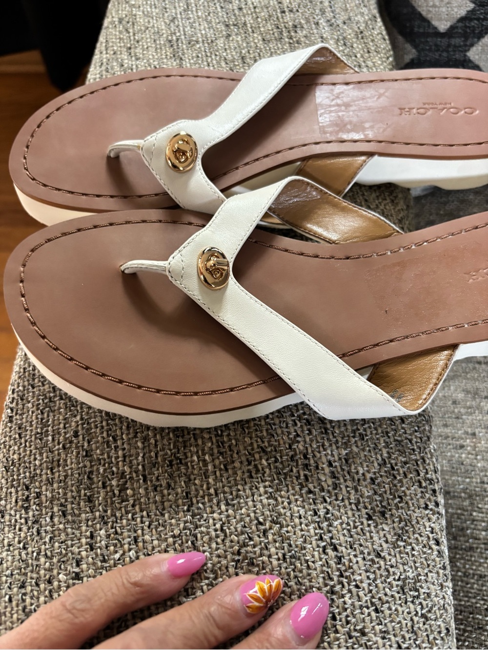 Coach White Leather Platform Thong Sandals with Brown Footbed - Picture 12 of 15